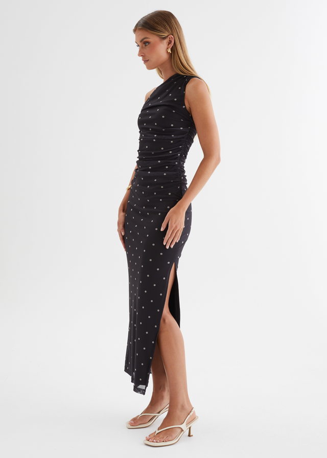Ana Drop Shoulder Mesh Midi Dress - Black Polka