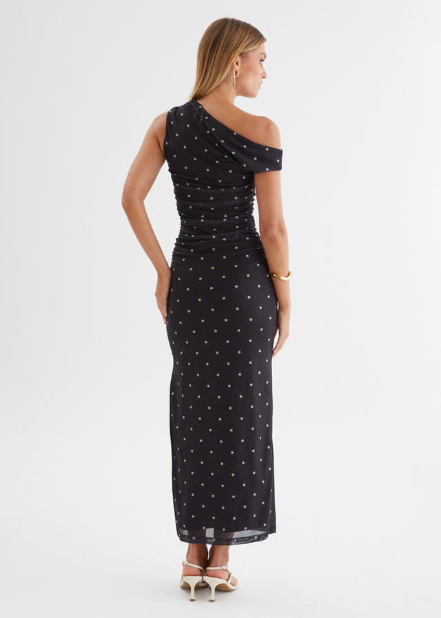 Ana Drop Shoulder Mesh Midi Dress - Black Polka