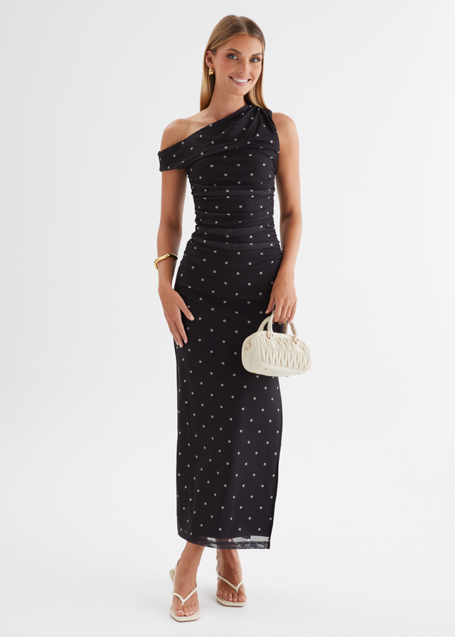 Ana Drop Shoulder Mesh Midi Dress - Black Polka