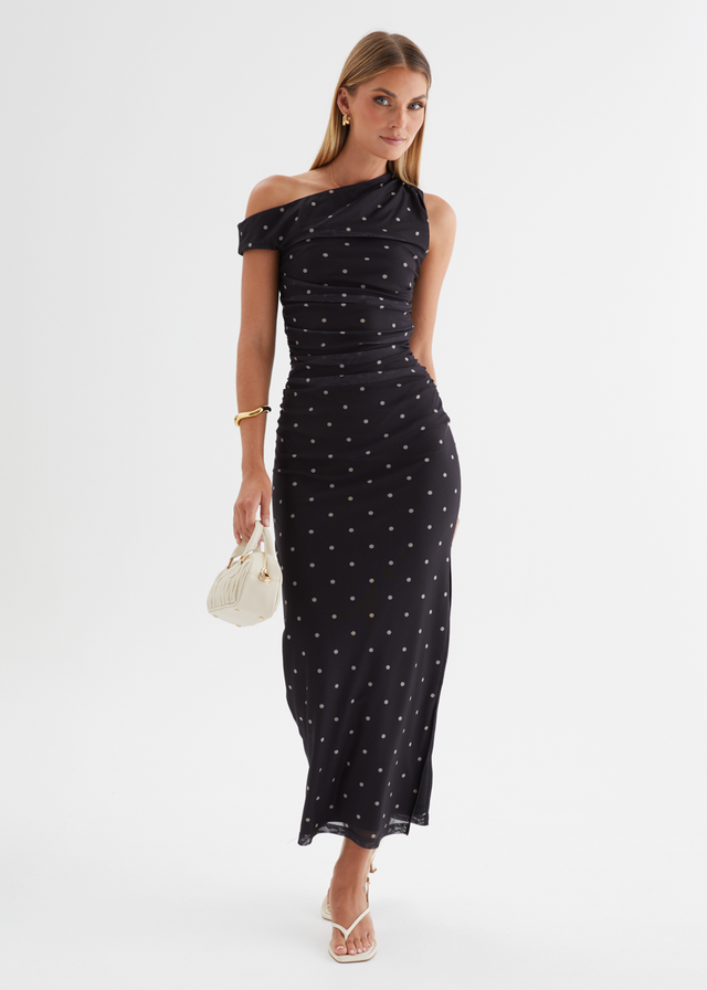 Ana Drop Shoulder Mesh Midi Dress - Black Polka