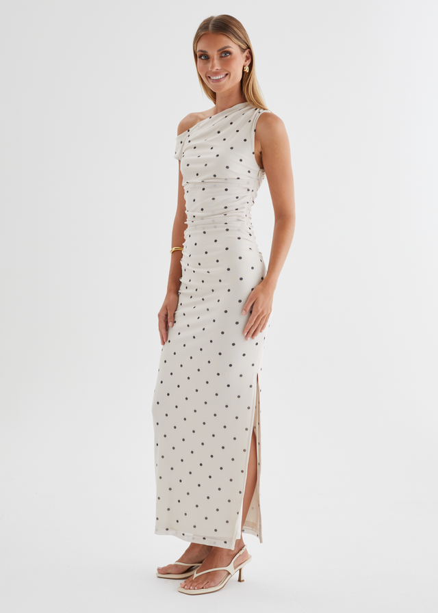 Ana Drop Shoulder Mesh Midi Dress - Cream Polka