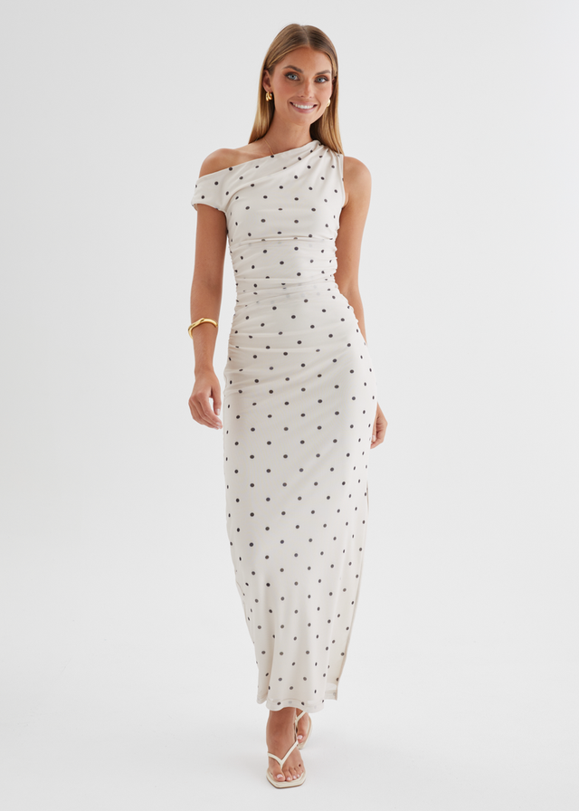 Ana Drop Shoulder Mesh Midi Dress - Cream Polka