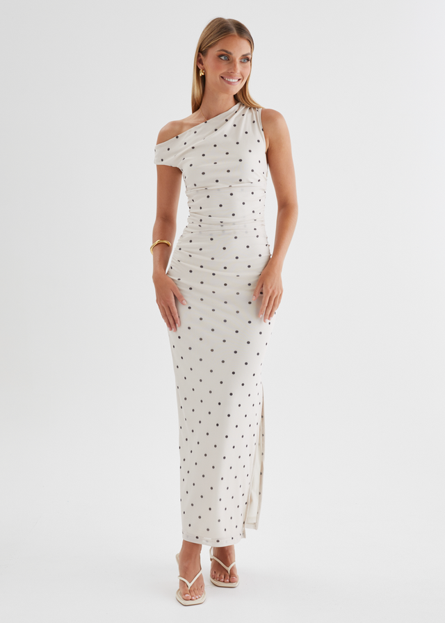 Ana Drop Shoulder Mesh Midi Dress - Cream Polka