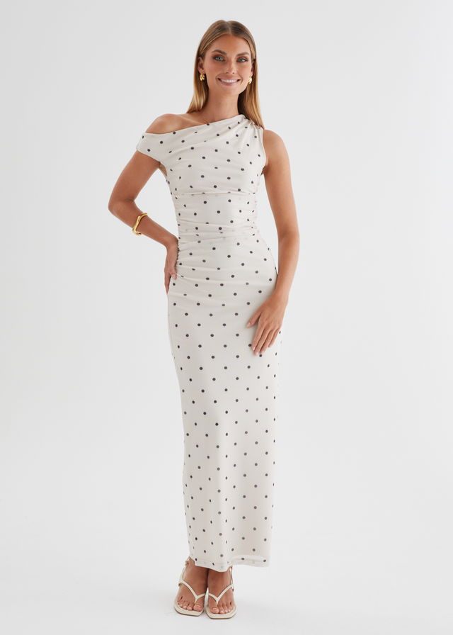 Ana Drop Shoulder Mesh Midi Dress - Cream Polka