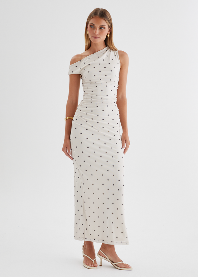 Ana Drop Shoulder Mesh Midi Dress - Cream Polka