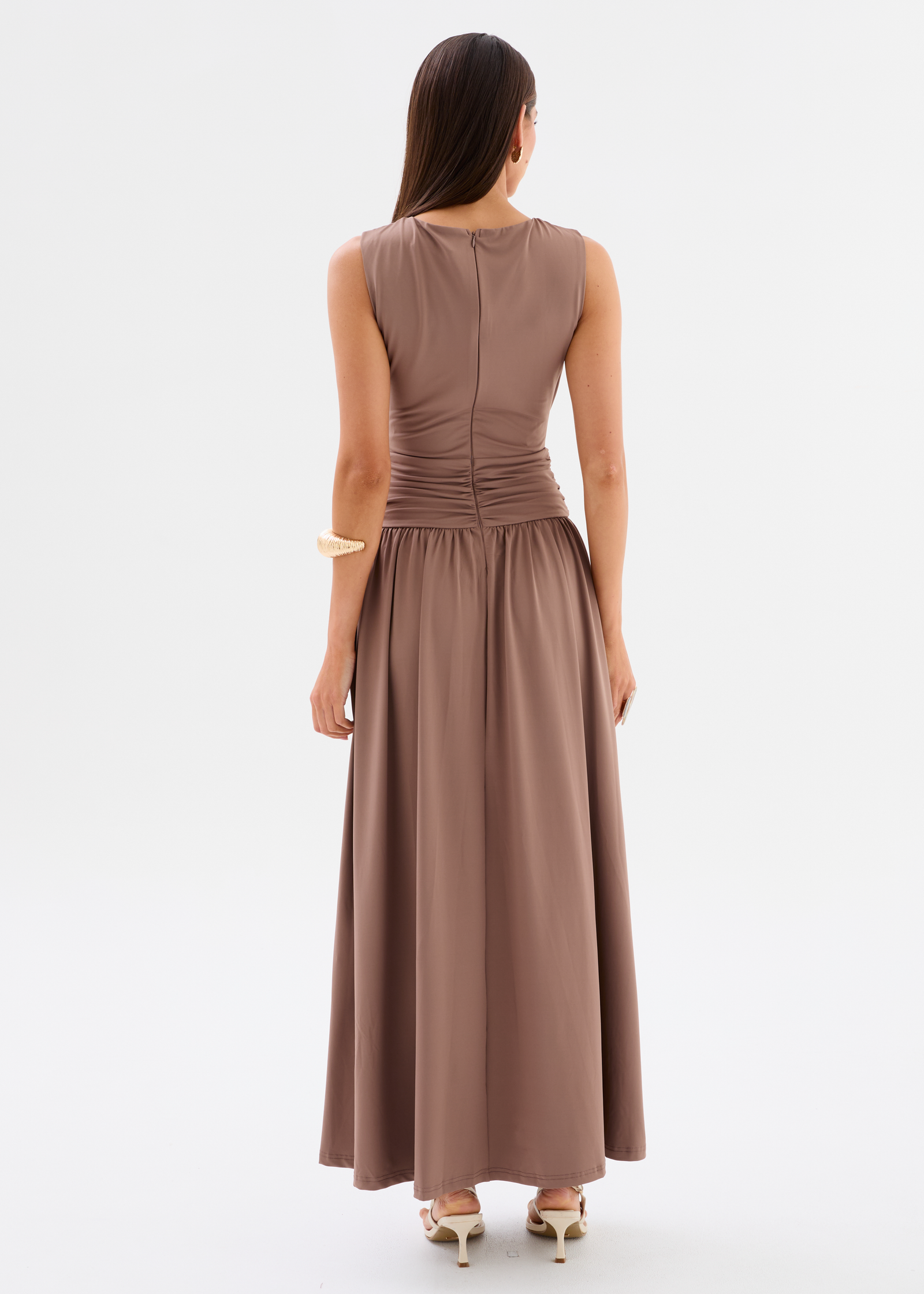 gingham and heels brown dress Flirtini One Shoulder Maxi Dress