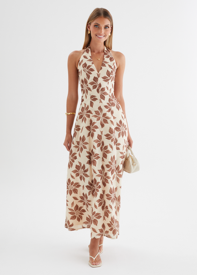 Ricci Halter Maxi Dress - Tan Flowers