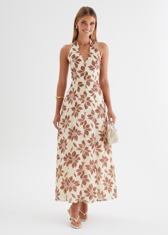 Ricci Halter Maxi Dress - Tan Flowers