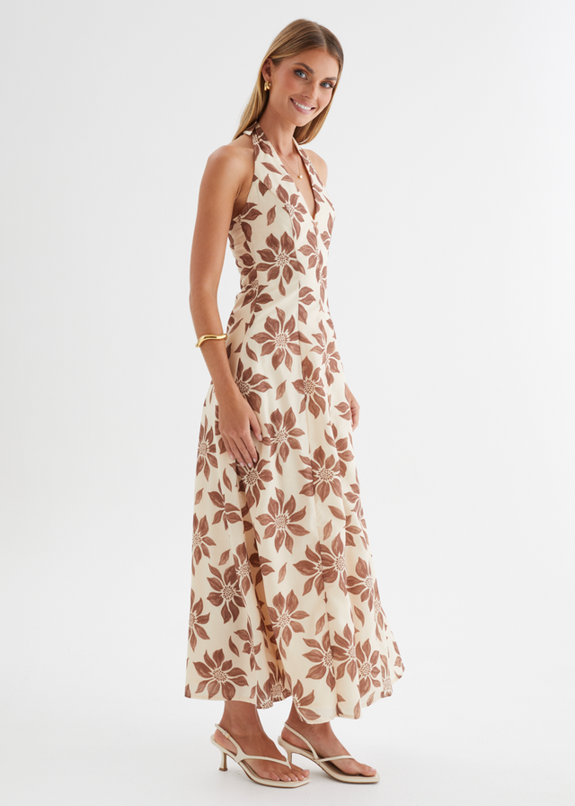 Ricci Halter Maxi Dress - Tan Flowers