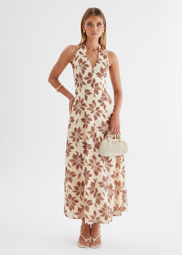 Ricci Halter Maxi Dress - Tan Flowers