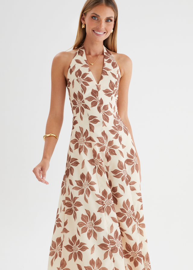 Ricci Halter Maxi Dress - Tan Flowers