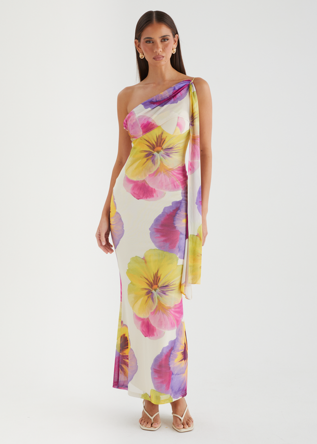 Lilley One Shoulder Mesh Maxi Dress - Beige Floral