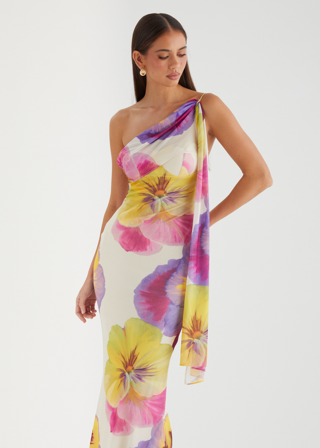 Lilley One Shoulder Mesh Maxi Dress - Beige Floral