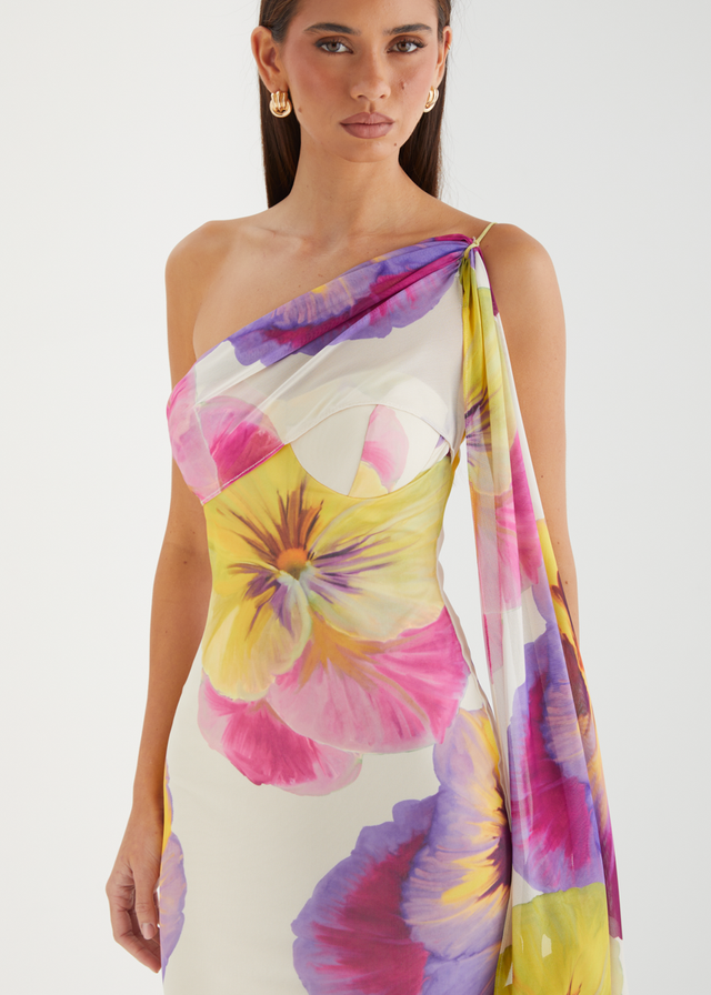 Lilley One Shoulder Mesh Maxi Dress - Beige Floral