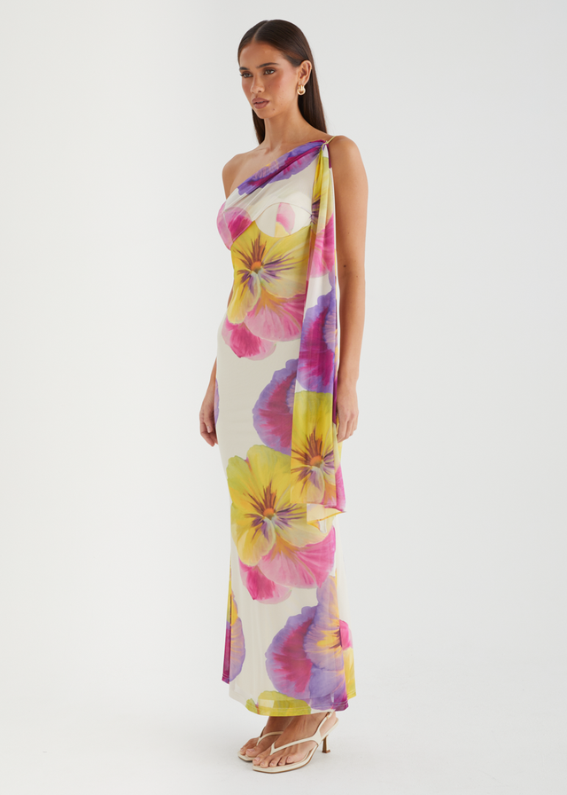 Lilley One Shoulder Mesh Maxi Dress - Beige Floral
