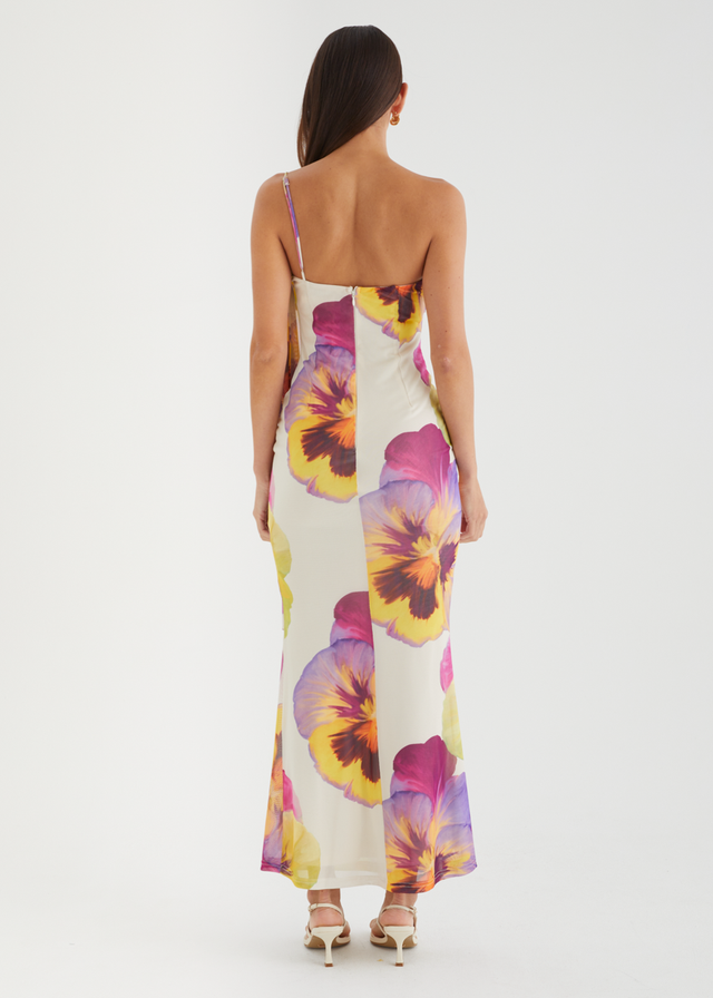 Lilley One Shoulder Mesh Maxi Dress - Beige Floral