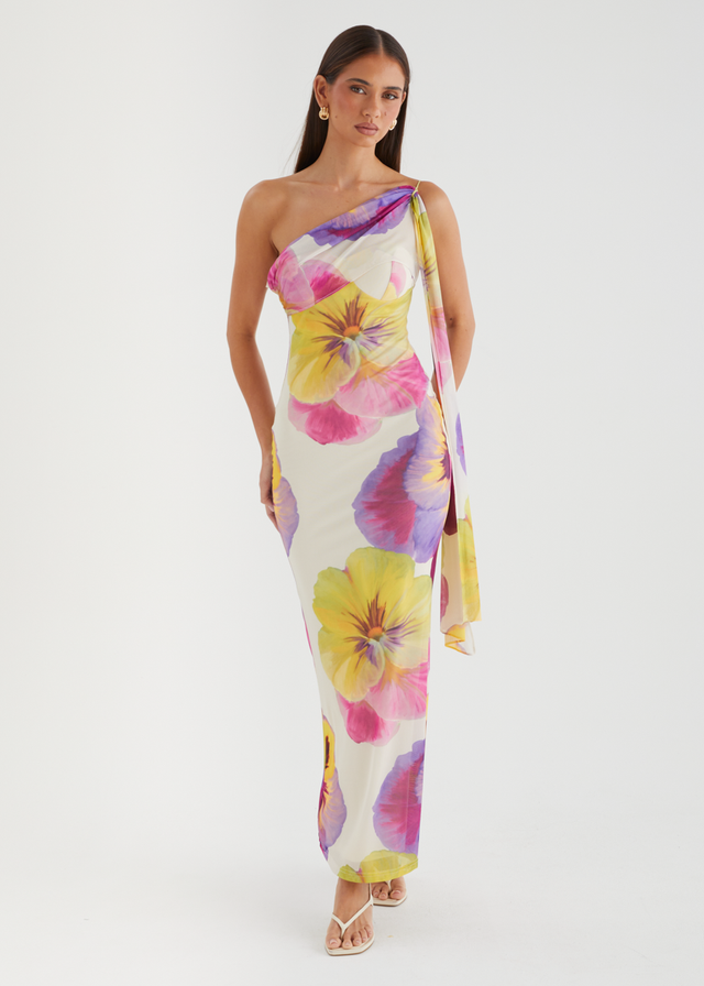 Lilley One Shoulder Mesh Maxi Dress - Beige Floral