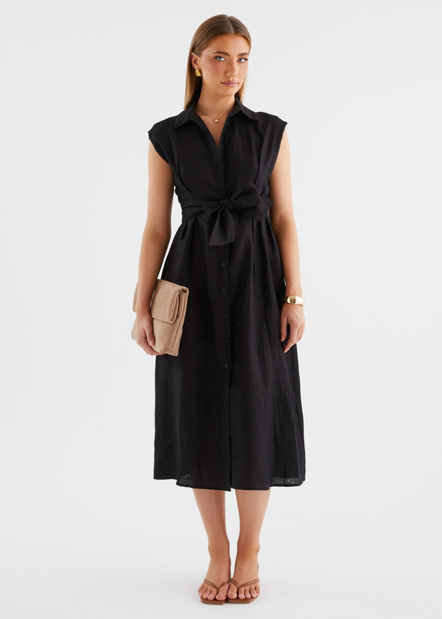 Makari Linen Midi Dress - Black