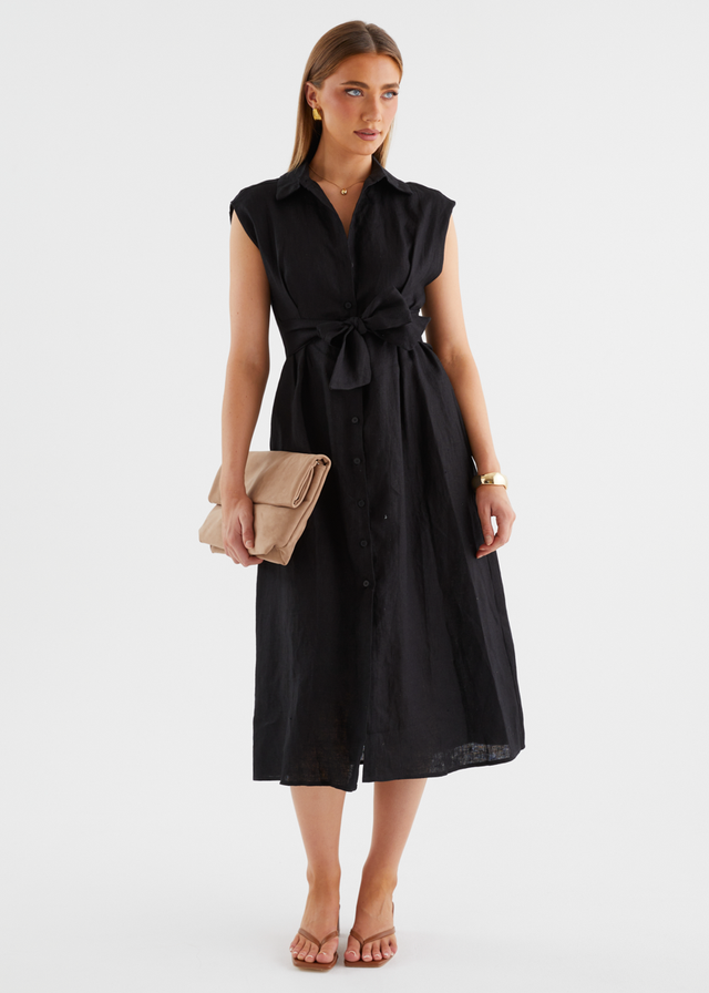 Makari Linen Midi Dress - Black