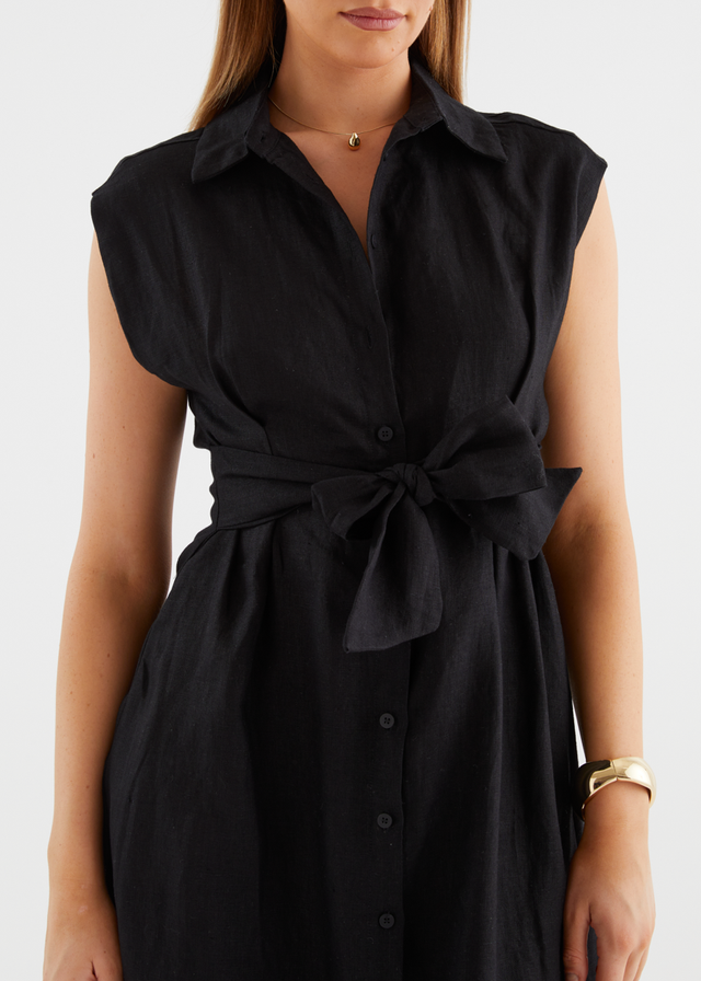 Makari Linen Midi Dress - Black