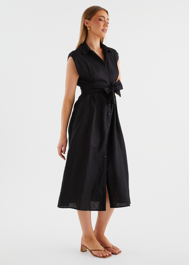 Makari Linen Midi Dress - Black