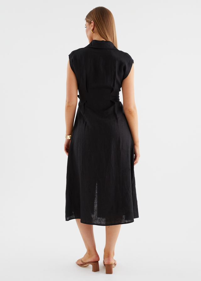 Makari Linen Midi Dress - Black