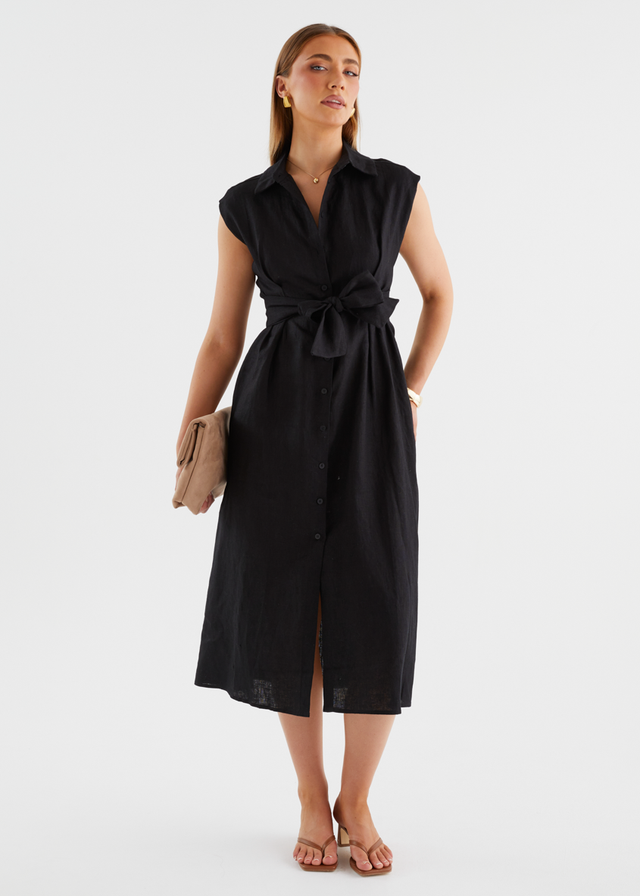 Makari Linen Midi Dress - Black