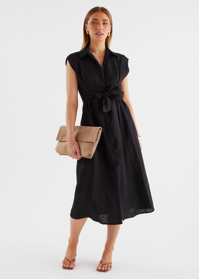 Makari Linen Midi Dress - Black