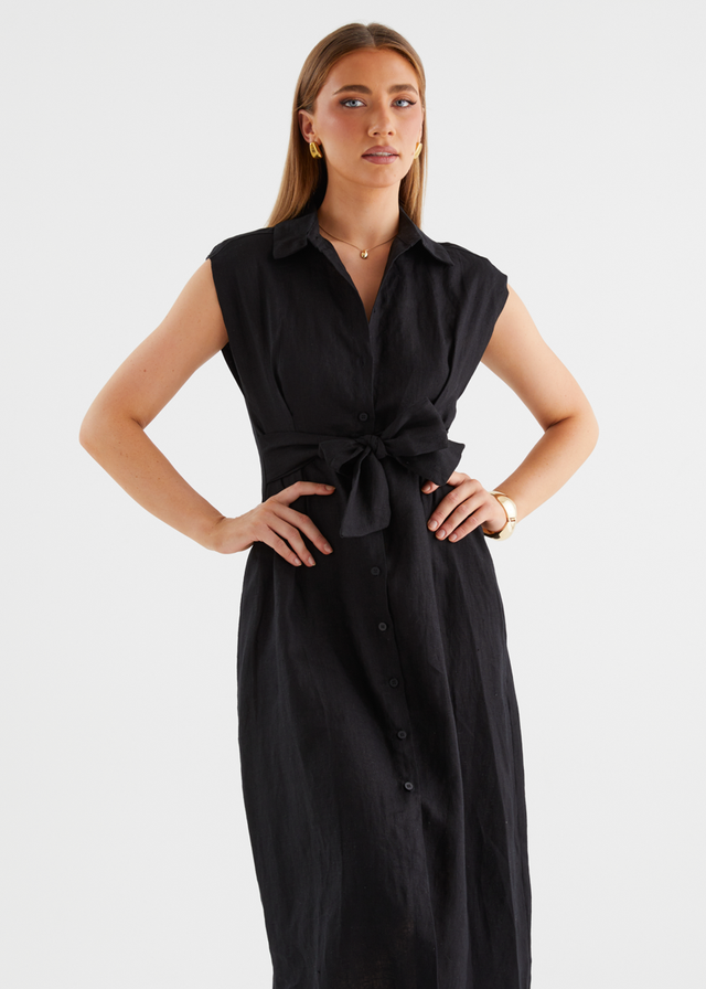 Makari Linen Midi Dress - Black