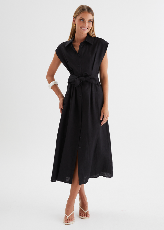 Makari Linen Midi Dress - Black