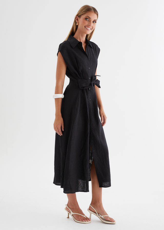 Makari Linen Midi Dress - Black