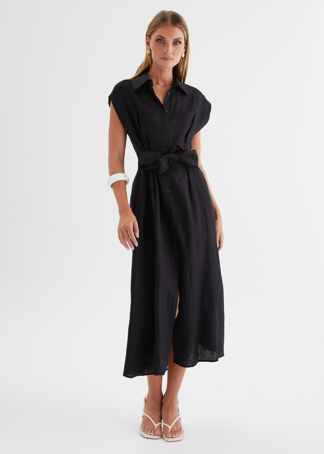 Makari Linen Midi Dress - Black