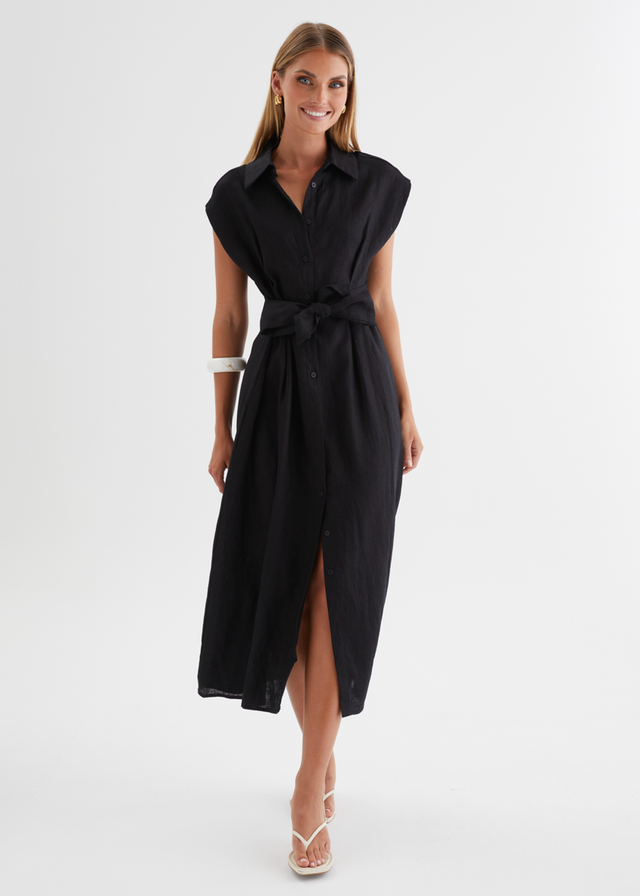 Makari Linen Midi Dress - Black