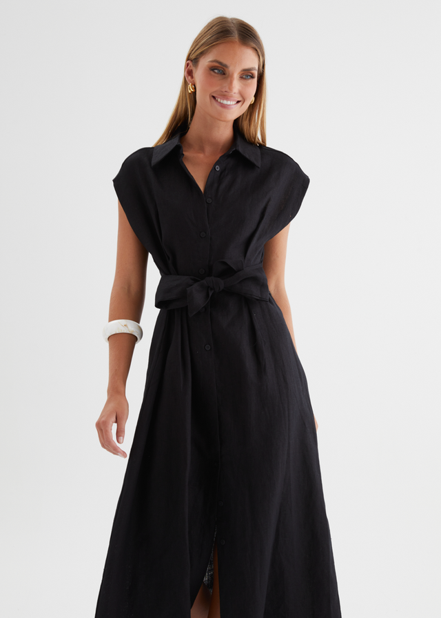 Makari Linen Midi Dress - Black