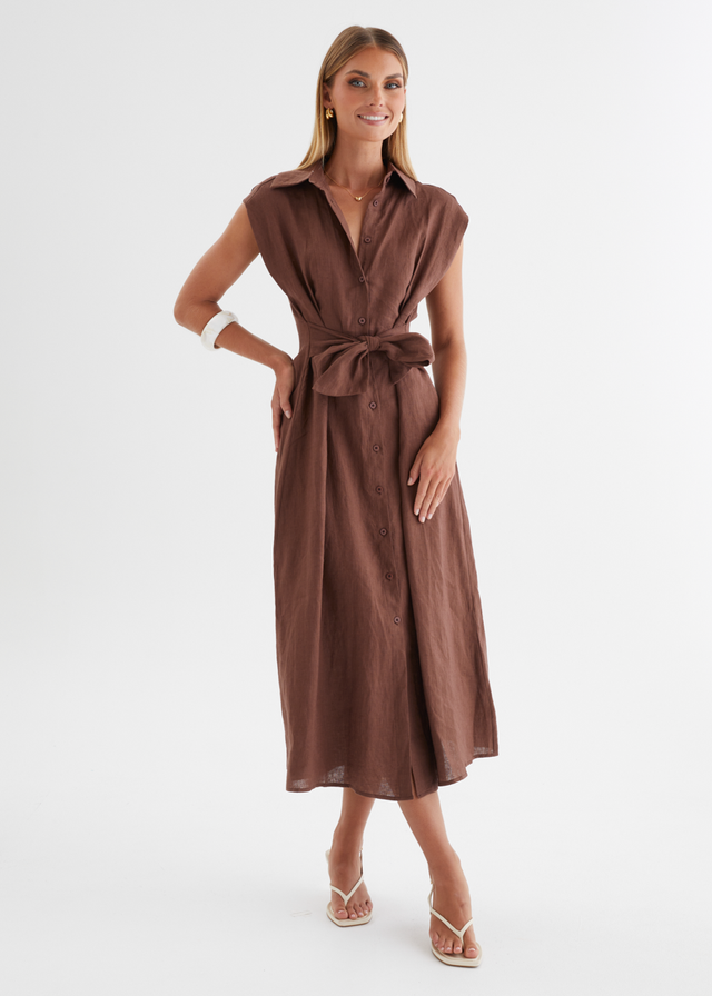 Makari Linen Midi Dress - Chocolate