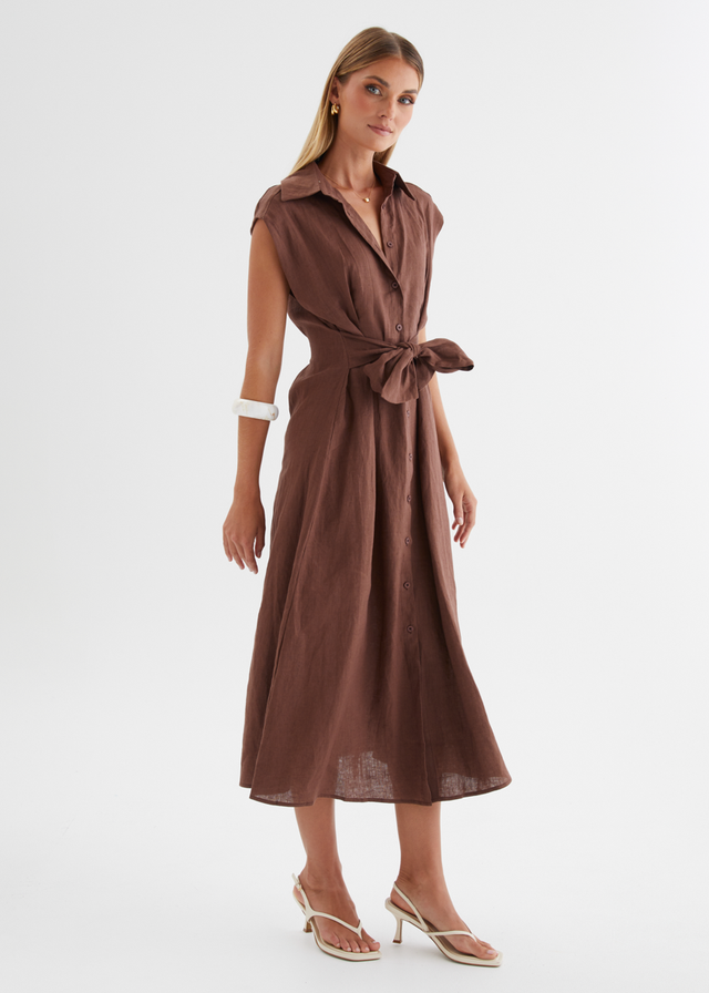 Makari Linen Midi Dress - Chocolate