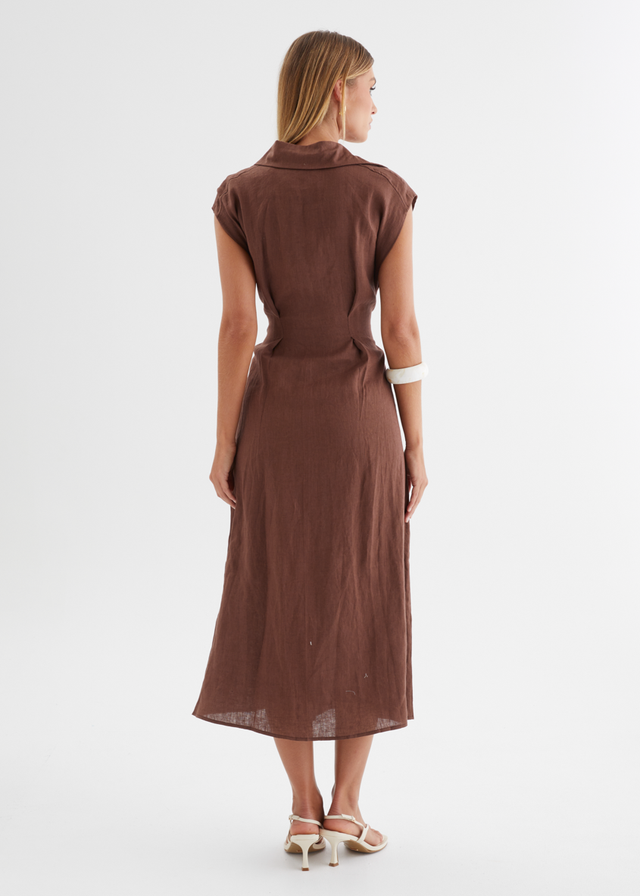 Makari Linen Midi Dress - Chocolate