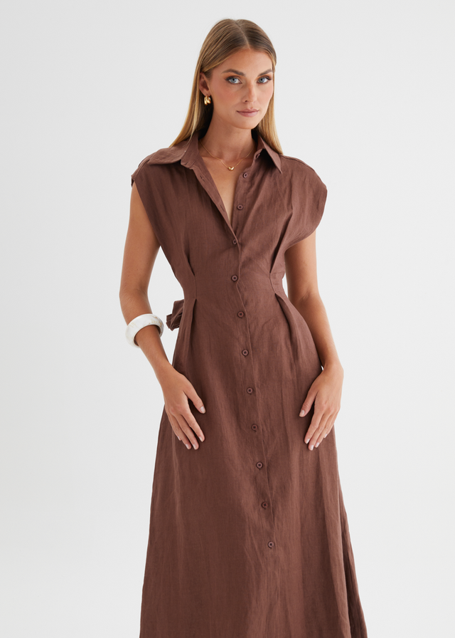 Makari Linen Midi Dress - Chocolate