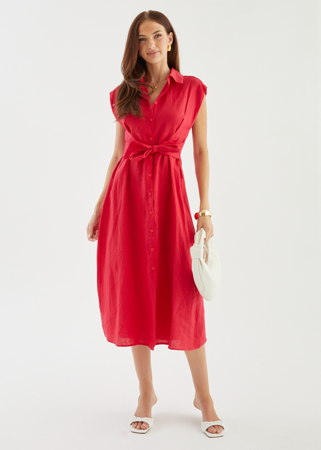 Makari Linen Midi Dress - Raspberry