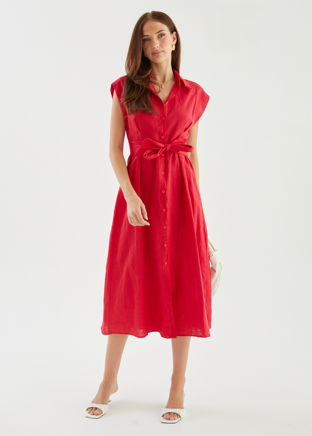 Makari Linen Midi Dress - Raspberry