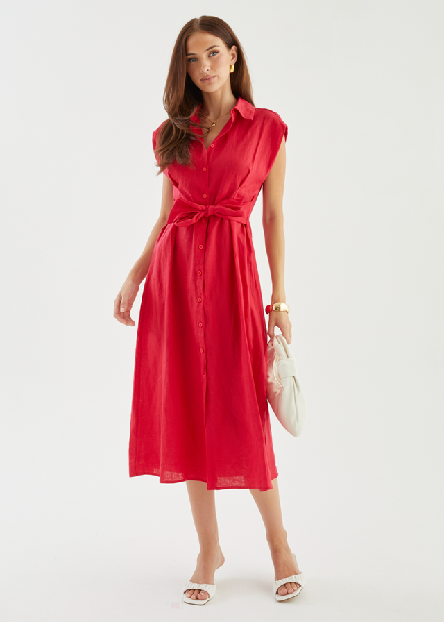 Makari Linen Midi Dress - Raspberry