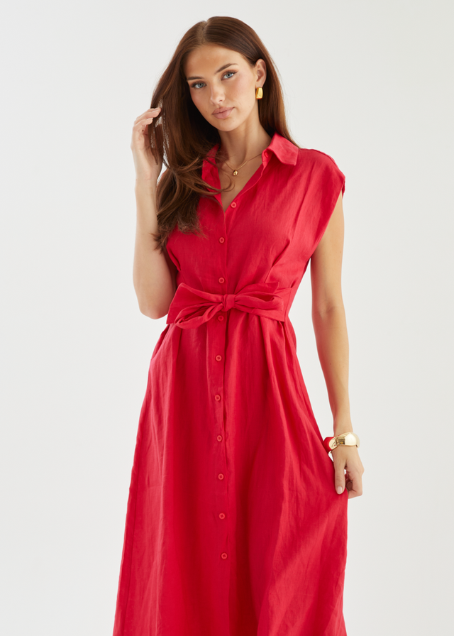 Makari Linen Midi Dress - Raspberry
