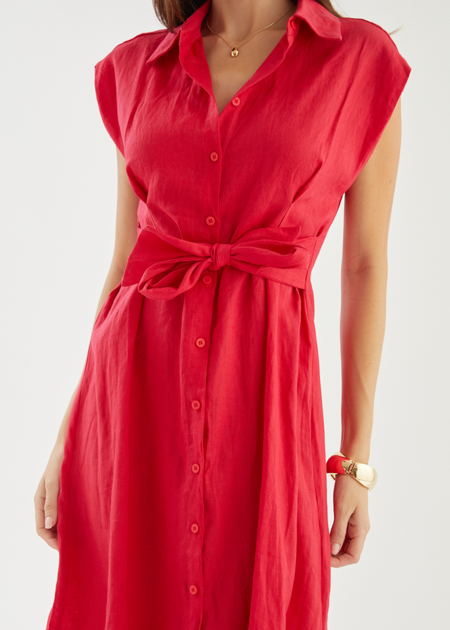 Makari Linen Midi Dress - Raspberry