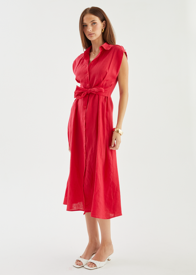 Makari Linen Midi Dress - Raspberry
