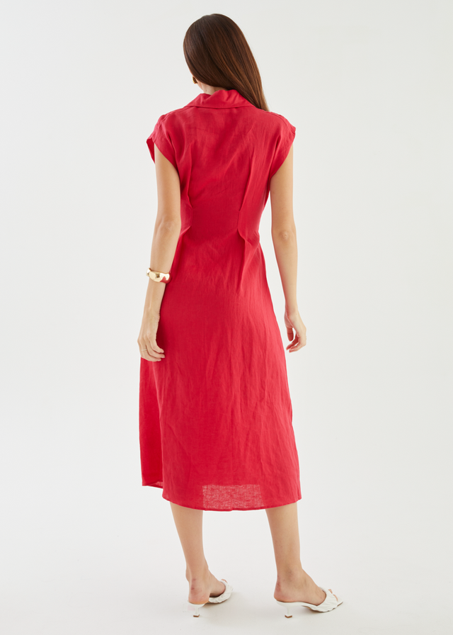 Makari Linen Midi Dress - Raspberry