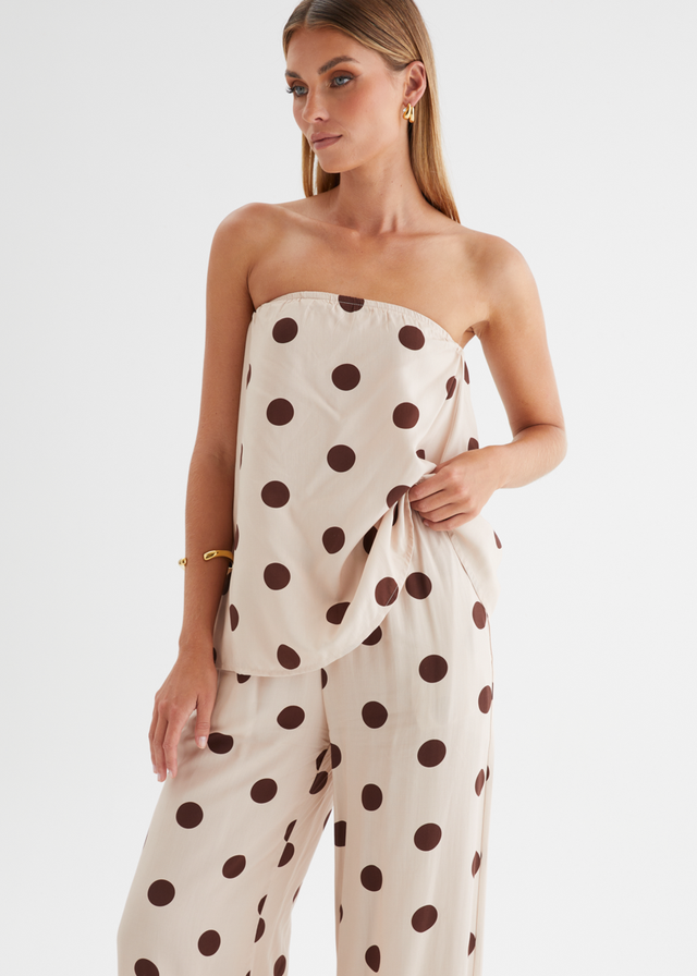 Artie Strapless Top - Beige Polka Dot