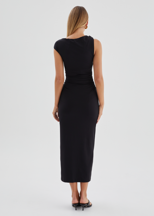 Javah One Shoulder Midi Dress - Black