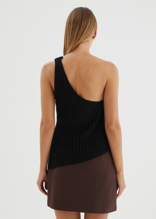 Natalee One Shoulder Knit Top - Black