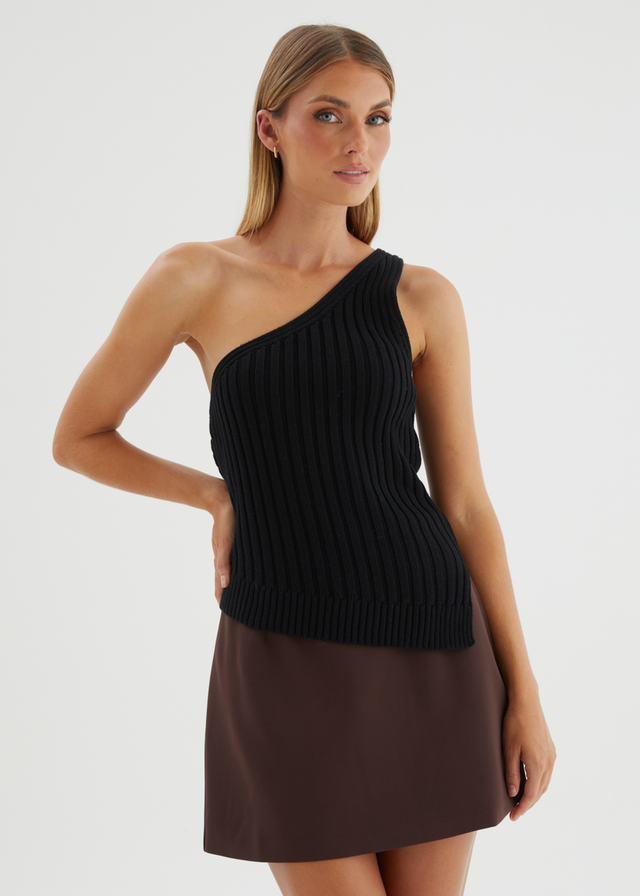 Natalee One Shoulder Knit Top - Black