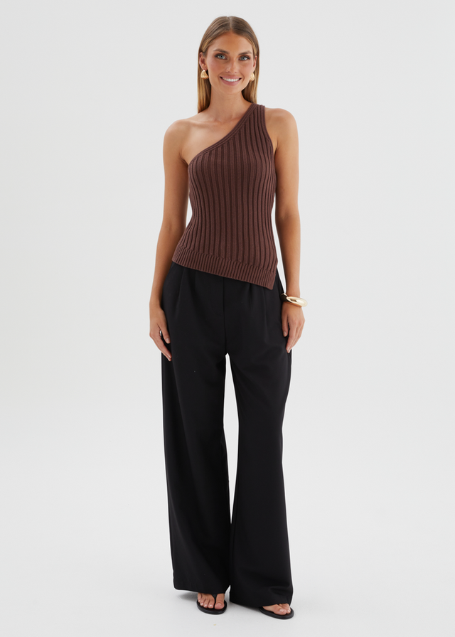 Natalee One Shoulder Knit Top - Chocolate
